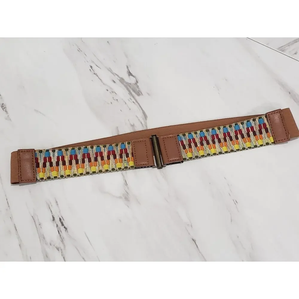 Rainbow‎ Embroidered Vintage Leather Stretch Brown Belt